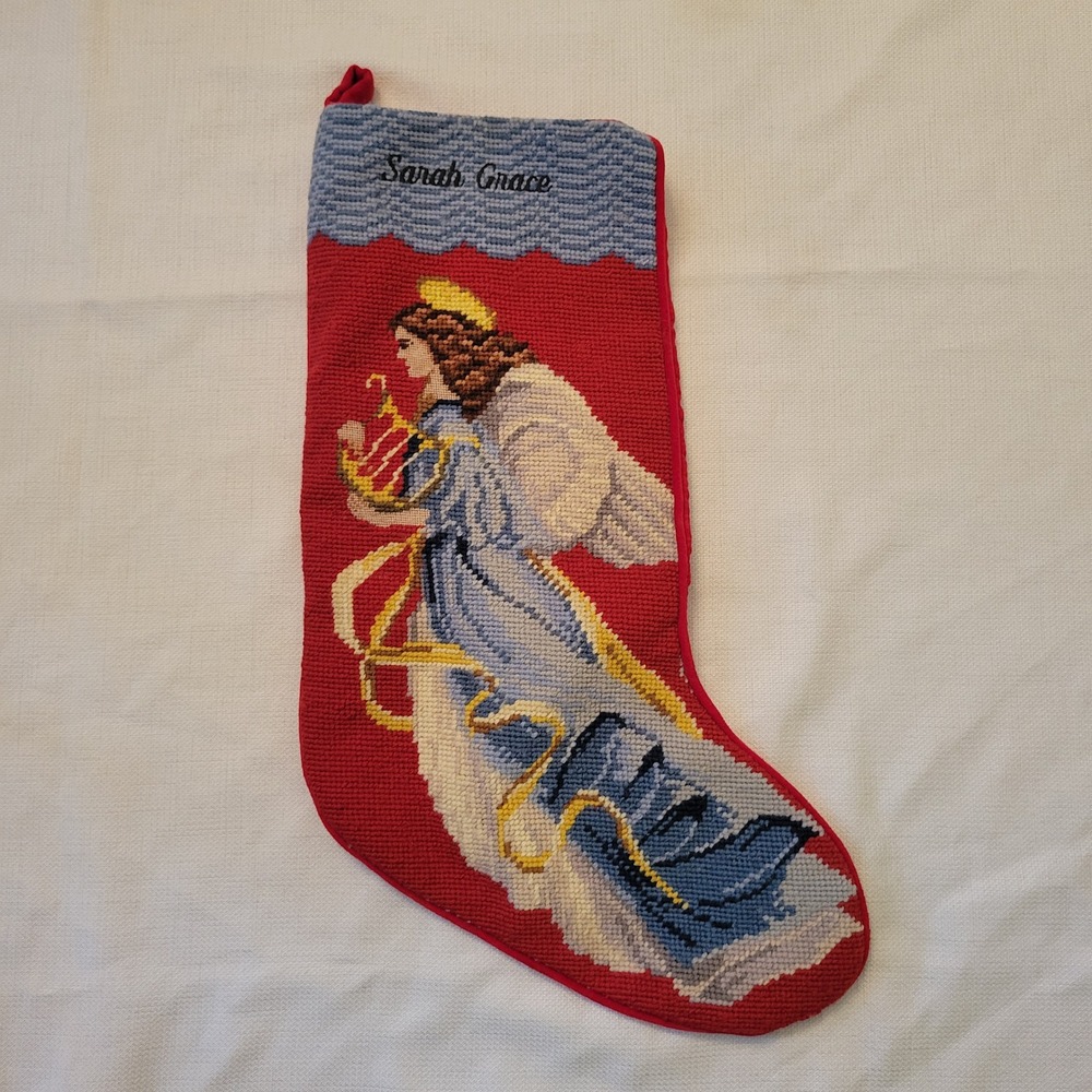 Lands End Needlepoint Red Wool Christmas Stocking Angel with Harp Holiday Decor